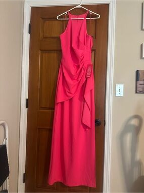 Belle by Badgley Mischka Vibrant Pink Halter Maxi Dress with Draped Overlay